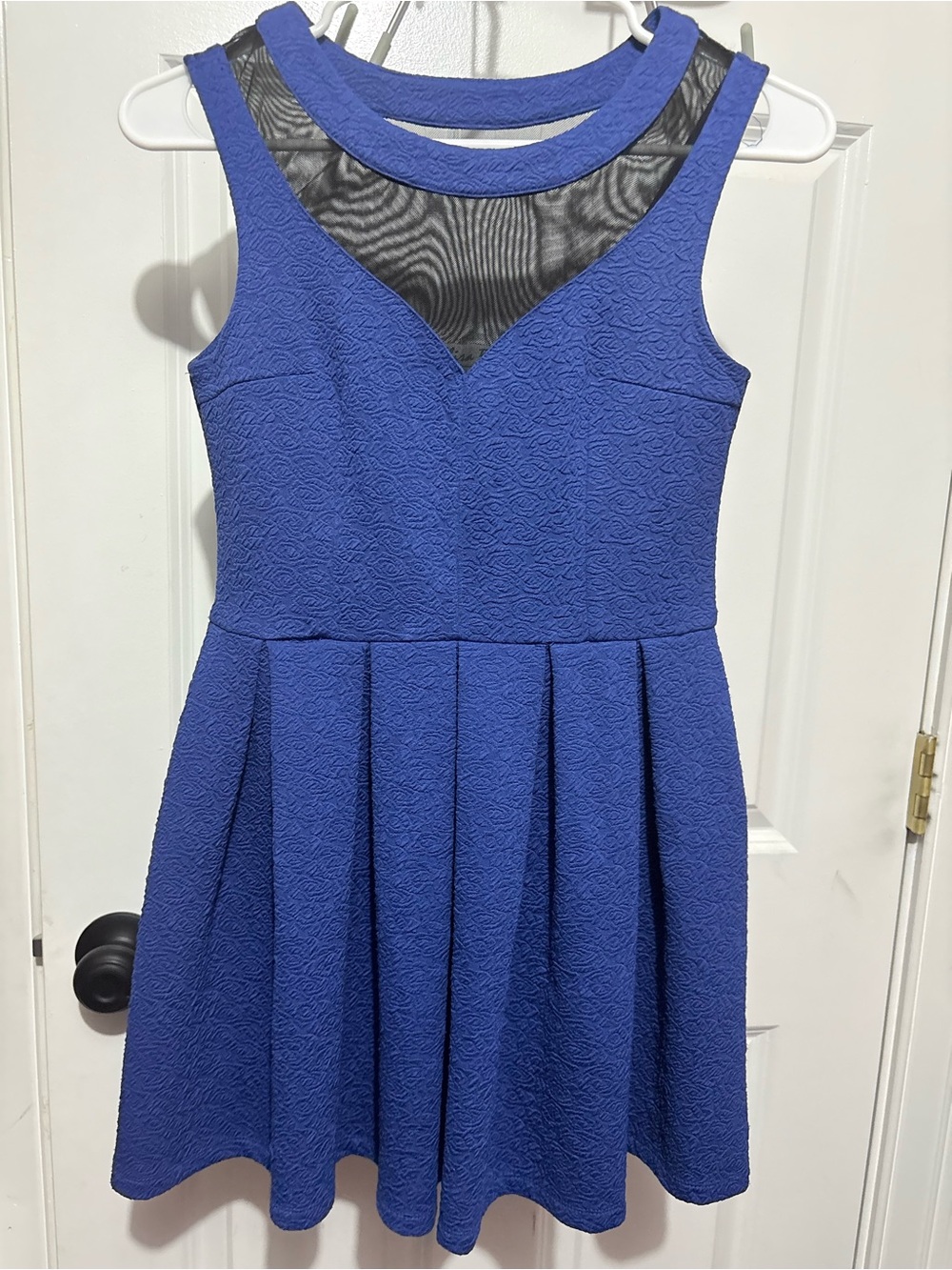 Girls Royal Blue Fit & Flare Dress with Sheer Mesh Yoke